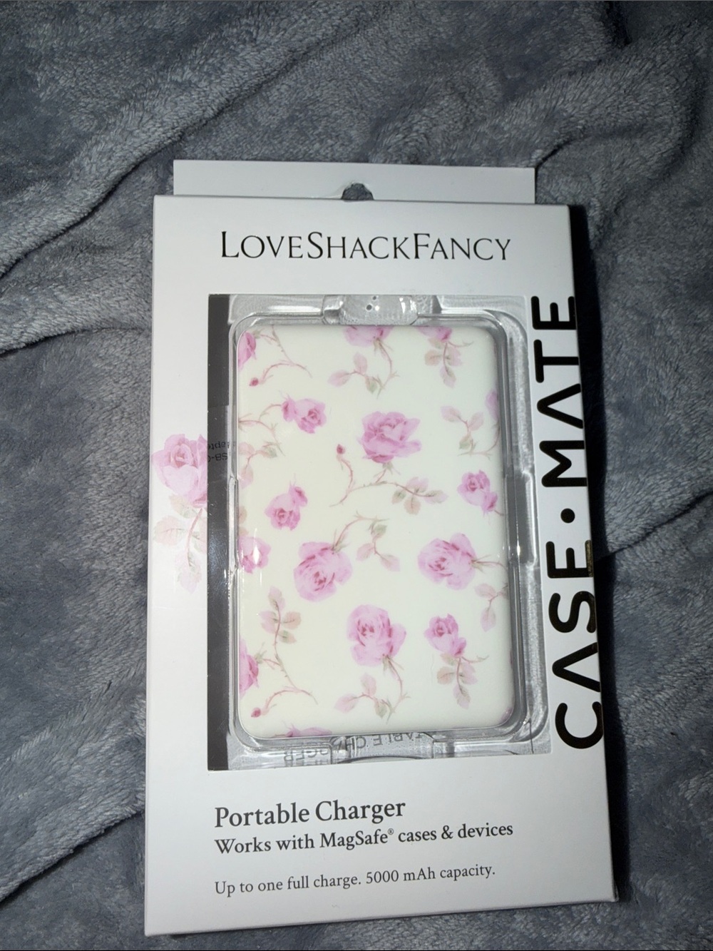 LoveShackFancy White Portable Charger with Pink Rose Print